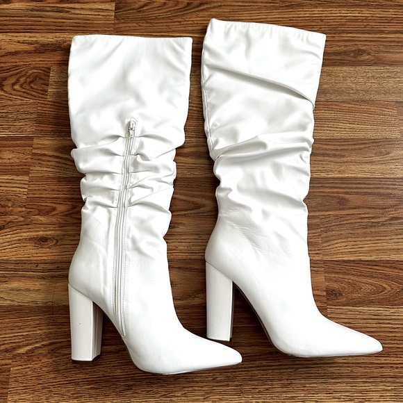 White High Block Heel Knee High Boots - Picture 1 of 2